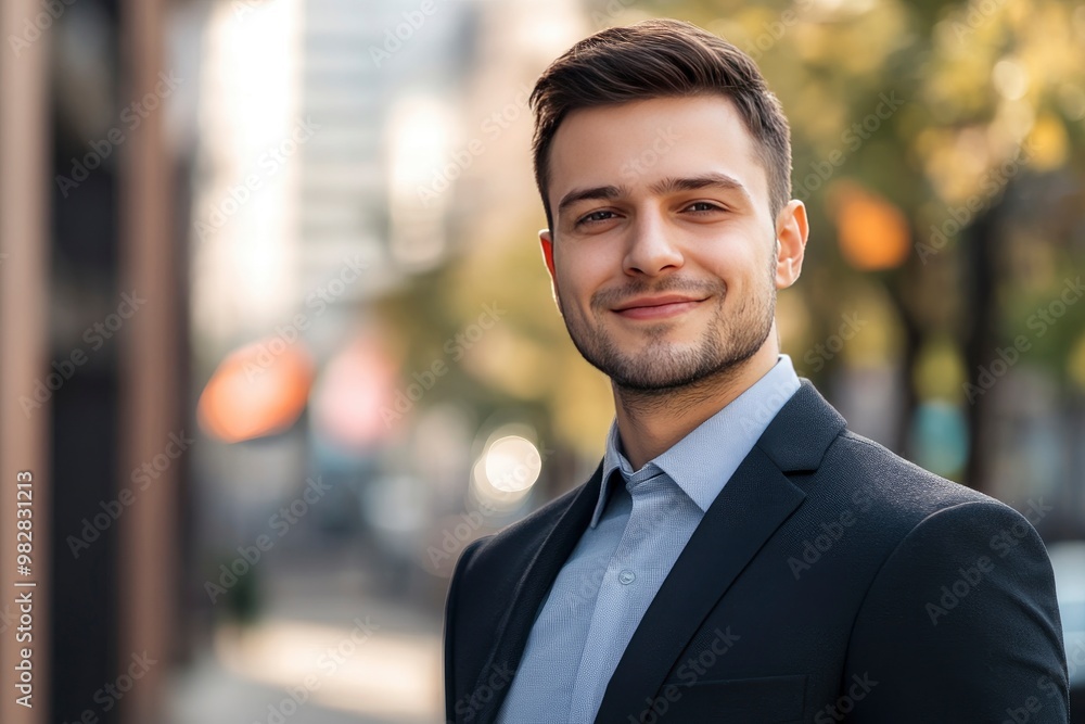 Handsome 30s top manager portrait in formal suit. Successful entrepreneur look camera. Confident business man smile. Young male businessman face. Urban city background. 40s employee work. Office . ai Handsome 30s top manager portrait in formal suit. Successful entrepreneur look camera. Confident business man smile. Young male businessman face. Urban city background. 40s employee work. Office . ai