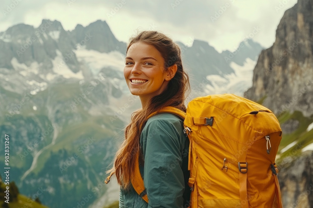A smiling female traveler with a yellow hiking backpack enjoys the beautiful scenery of the majestic mountains. Travel, adventure. Concept of an active lifestyle, ai A smiling female traveler with a yellow hiking backpack enjoys the beautiful scenery of the majestic mountains. Travel, adventure. Concept of an active lifestyle, ai