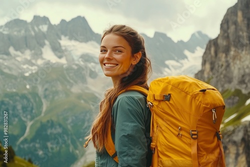 A smiling female traveler with a yellow hiking backpack enjoys the beautiful scenery of the majestic mountains. Travel, adventure. Concept of an active lifestyle, ai