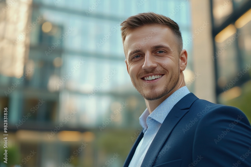 Handsome 30s top manager portrait in formal suit. Successful entrepreneur look camera. Confident business man smile. Young male businessman face. Urban city background. 40s employee work, ai Handsome 30s top manager portrait in formal suit. Successful entrepreneur look camera. Confident business man smile. Young male businessman face. Urban city background. 40s employee work, ai