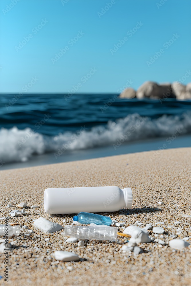 Pristine beach littered with plastic waste, symbolizing human impact on nature, 3D illustration