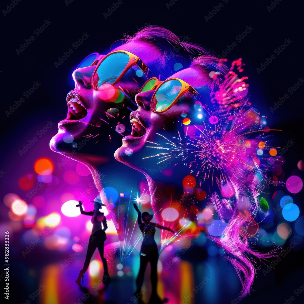Vibrant party scene with fireworks and neon lights Vibrant party scene with fireworks and neon lights