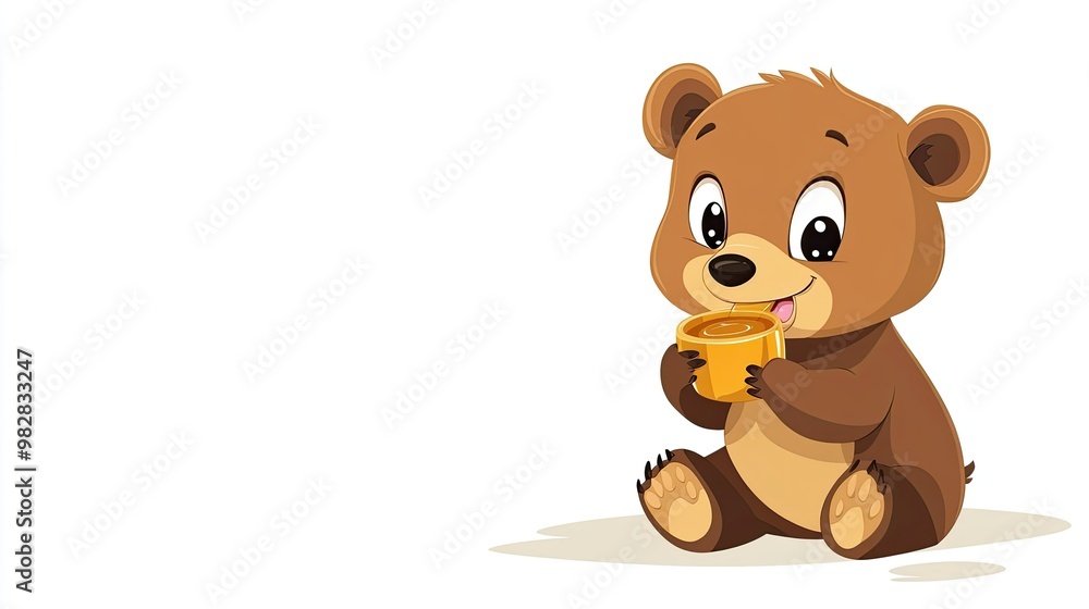 Cartoon bear cub eating honey with ample space for writing in the scene Cartoon bear cub eating honey with ample space for writing in the scene