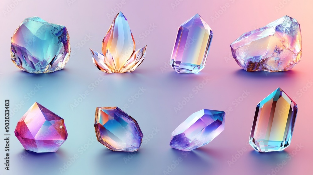 Fototapeta premium Collection six different types crystals arranged grid-like pattern A of iridescent