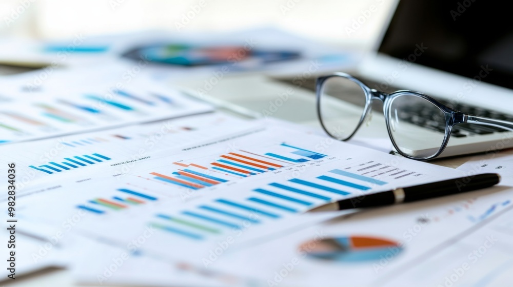 Desk various financial reports charts spread out it The image shows Desk various financial reports charts spread out it The image shows