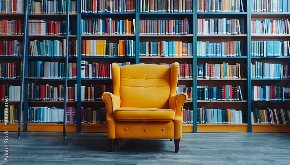 Cozy home library featuring neatly organized books and a comfortable reading chair Cozy home library featuring neatly organized books and a comfortable reading chair