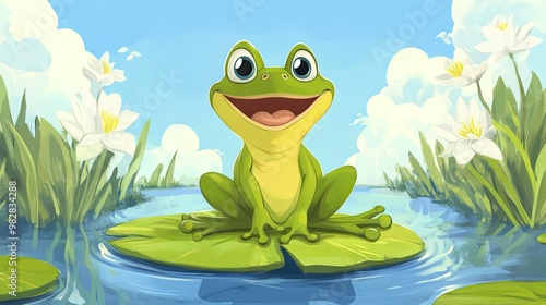 Cartoon frog sitting on a lily pad with a wide smile. Open area for text above in the blue sky