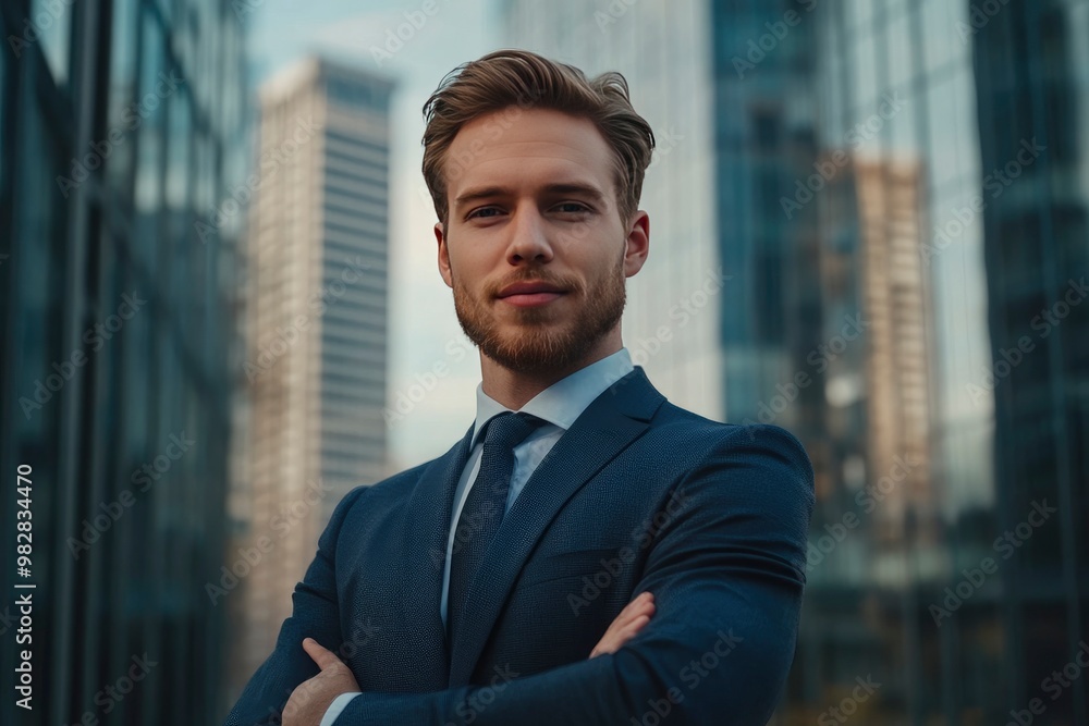 Handsome 30s top manager portrait in formal suit. Successful entrepreneur look camera. Confident business man smile. Young male businessman face. Urban city background. 40s employee work, ai Handsome 30s top manager portrait in formal suit. Successful entrepreneur look camera. Confident business man smile. Young male businessman face. Urban city background. 40s employee work, ai
