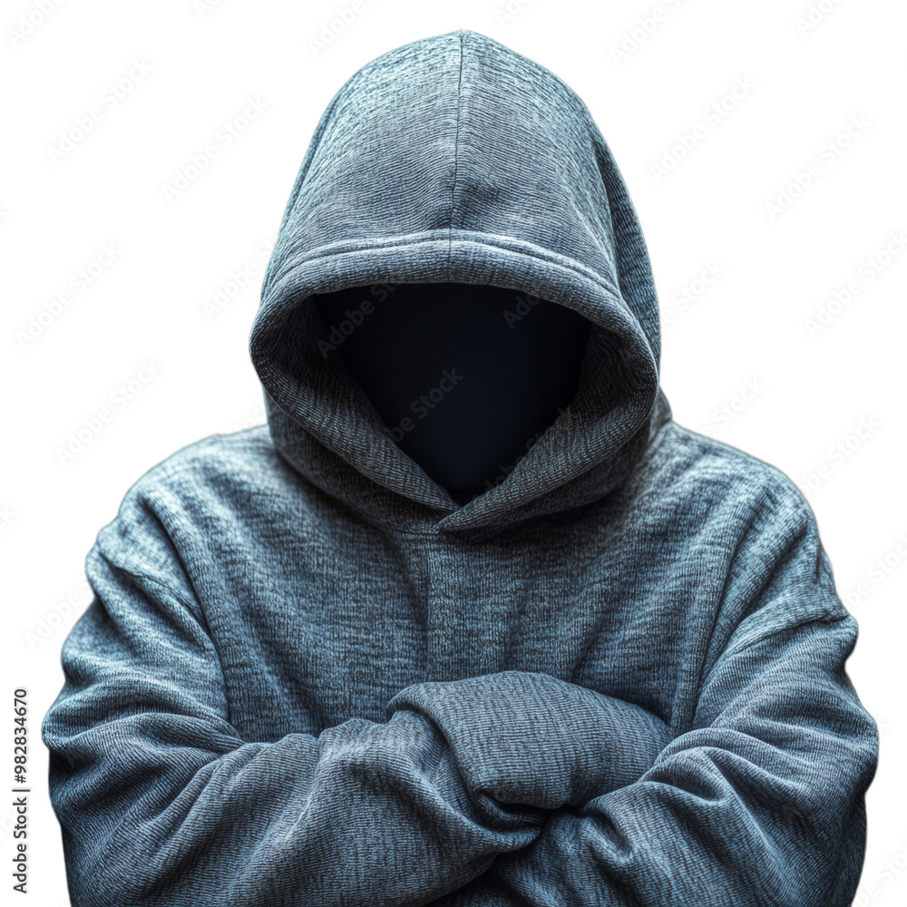 Mysterious hooded figure with crossed arms, face hidden, isolated on transparent background Mysterious hooded figure with crossed arms, face hidden, isolated on transparent background