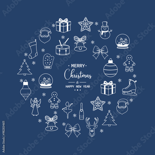 Christmas elements set icons design. Christmas collection of bells, santa, deer, angel, nutcracker, cookies, showman, snowstar, drums, mitten, candy, sock, tree, ho ho, decoration