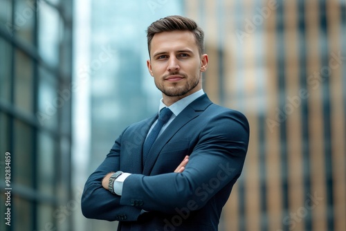 Handsome 30s top manager portrait in formal suit. Successful entrepreneur look camera. Confident business man smile. Young male businessman face. Urban city background. 40s employee work, ai