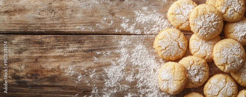 Delicious cookies dusted with powdered sugar on a rustic wooden table, perfect for showcasing homemade treats.