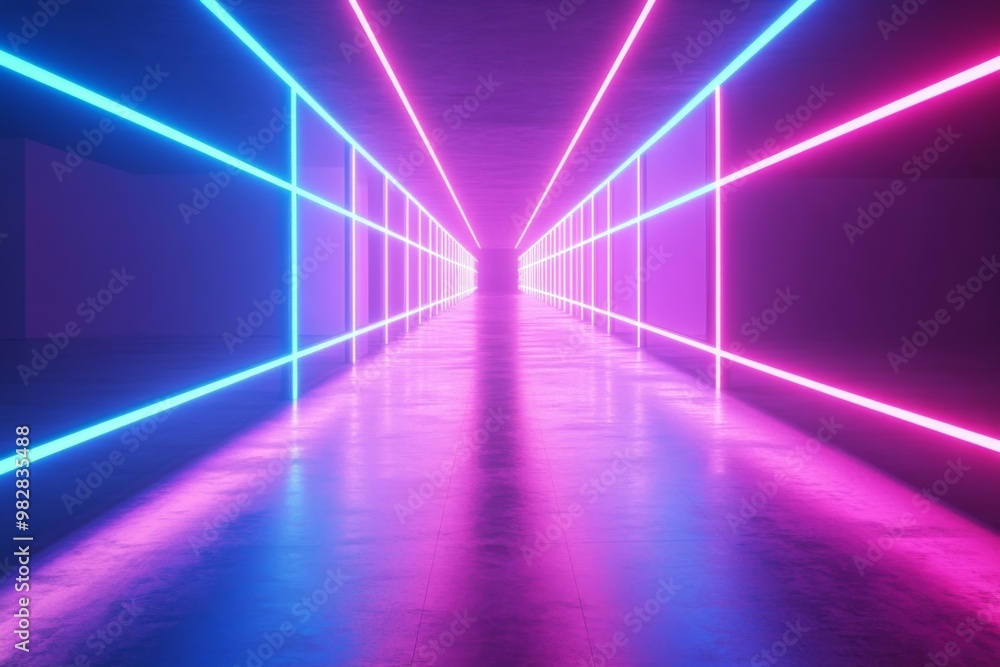 Empty room long straight line neon lights center Using Stock technology, Empty room long straight line neon lights center Using Stock technology,