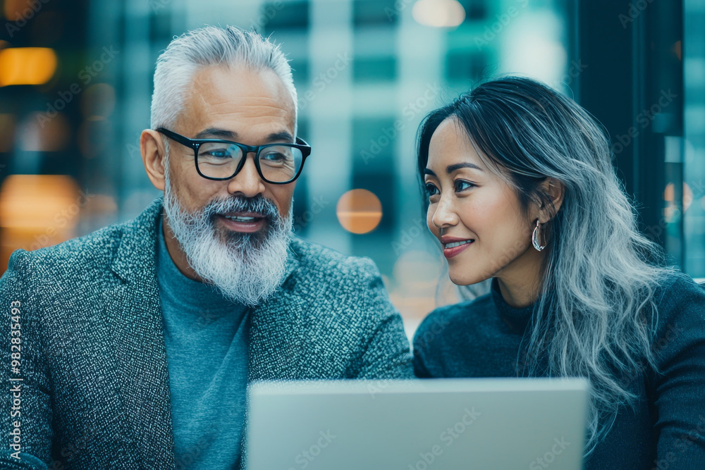 Smiling man and woman look at laptop. Smiling man and woman look at laptop.