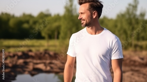 Smiling caucasian man in cotton white tshirt template stands outdoors, ai generated