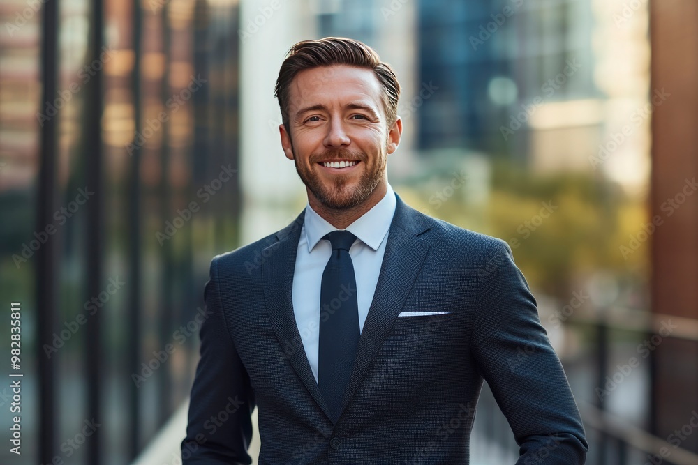 Handsome 30s top manager portrait in formal suit. Successful entrepreneur look camera. Confident business man smile. Young male businessman face. Urban city background. 40s employee work, ai Handsome 30s top manager portrait in formal suit. Successful entrepreneur look camera. Confident business man smile. Young male businessman face. Urban city background. 40s employee work, ai