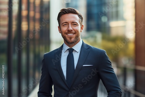 Handsome 30s top manager portrait in formal suit. Successful entrepreneur look camera. Confident business man smile. Young male businessman face. Urban city background. 40s employee work, ai