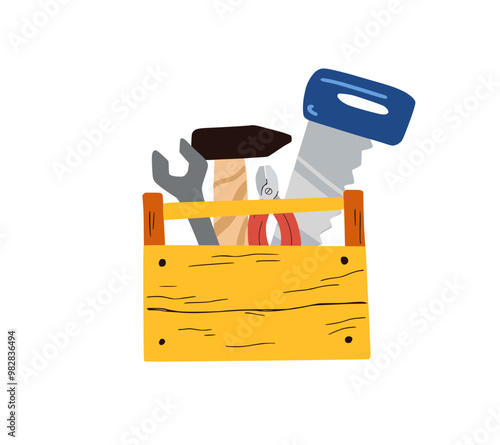 Cartoon illustration of a wooden toolbox with saw, wrench, hammer, pliers in cartoon style. Vector image for children's clothes, toys, etc.