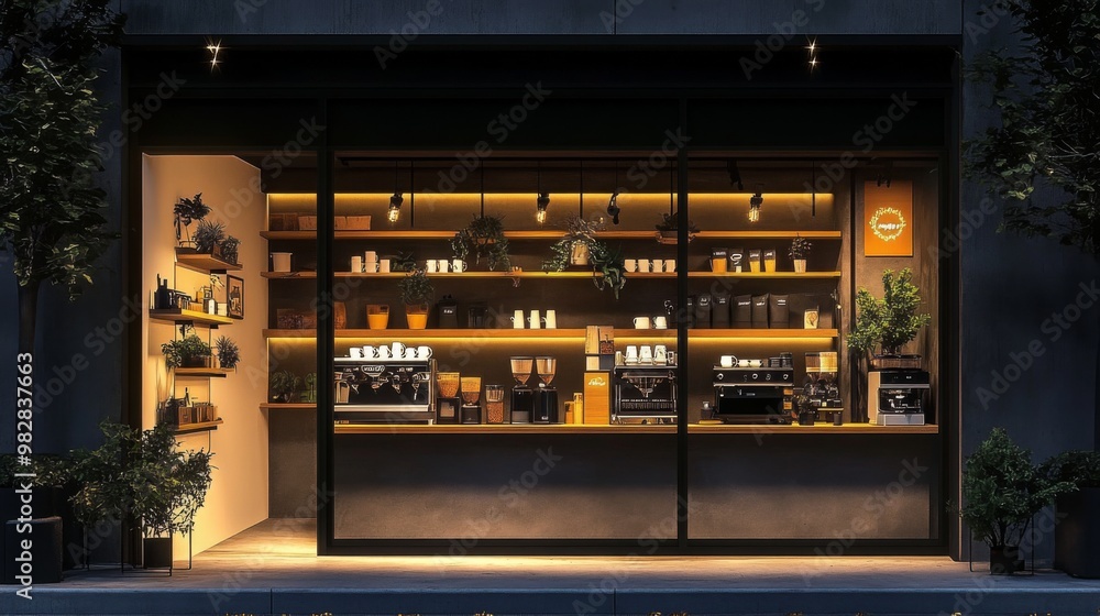 Interior coffee shop night has large window black A display Interior coffee shop night has large window black A display