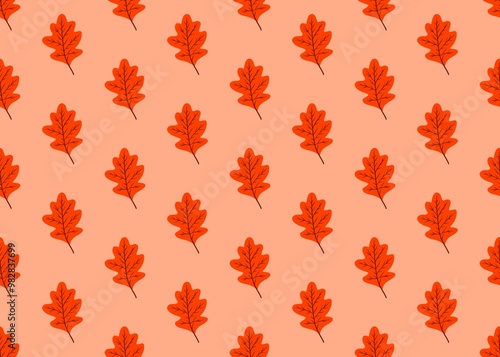 Dry autumn leaves. Seamless pattern with yellow fallen leaves. Orange autumn leaves on a pink background. Golden season. Oak leaves.