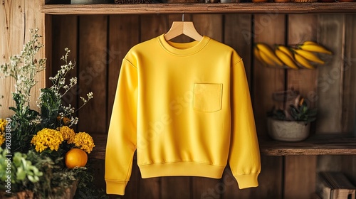 Stylish Yellow Sweatshirt on Wooden Shelf: Perfect Poster for Sports Interior, Showcasing Relaxed Fit, Large Pocket, Lightweight Fabric & Trendy Rounded Neckline! photo