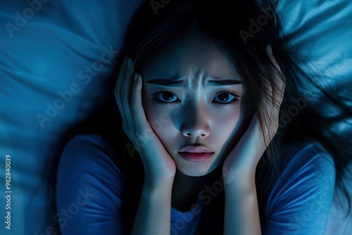 Annoyed, stressed, anxiety asian young woman suffering from insomnia, frustrated awake on bed at night, headache or migraine, health care problem, disturbed trouble of loud noise, unable sleepless, ai