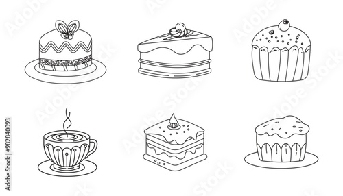 Line art vector design with cute doodles of cakes  cupcakes