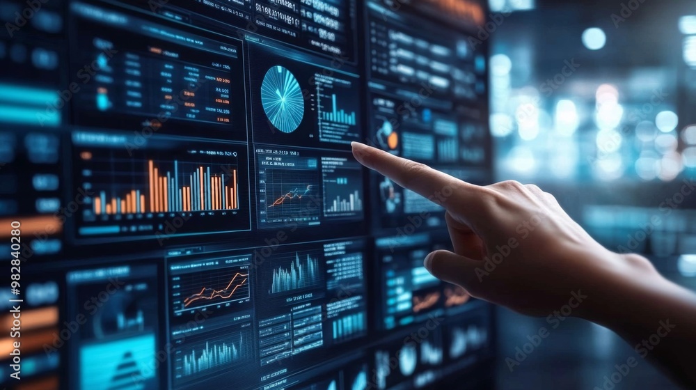 Person hand pointing towards large screen multiple Business finance data analytics Person hand pointing towards large screen multiple Business finance data analytics