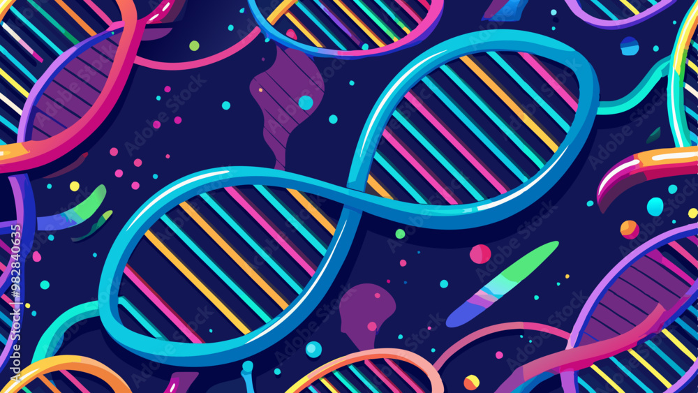 Fototapeta premium Colored DNA spirals on dark background, abstract design.