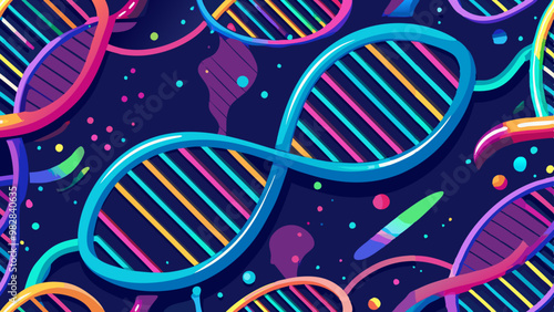 Colored DNA spirals on dark background, abstract design.