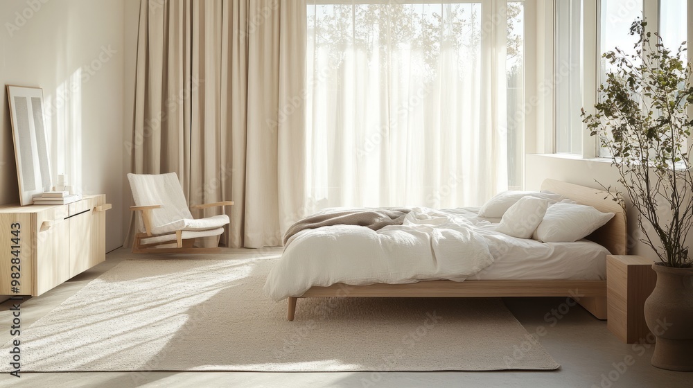 Fototapeta premium Serene Scandinavian Bedroom: Low Bed, Light Wood, & Monochromatic Design