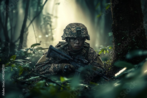 Soldier dark eerie forest is wearing camouflage uniform Lone poised