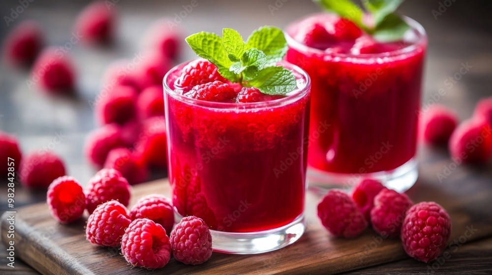 Two glasses raspberry juice wooden table are filled Delicious tasty drink Two glasses raspberry juice wooden table are filled Delicious tasty drink