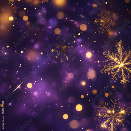 A vibrant abstract background featuring purple and gold hues with sparkling snowflakes. The image has a festive, magical feel and is perfect for holiday or winter themes.