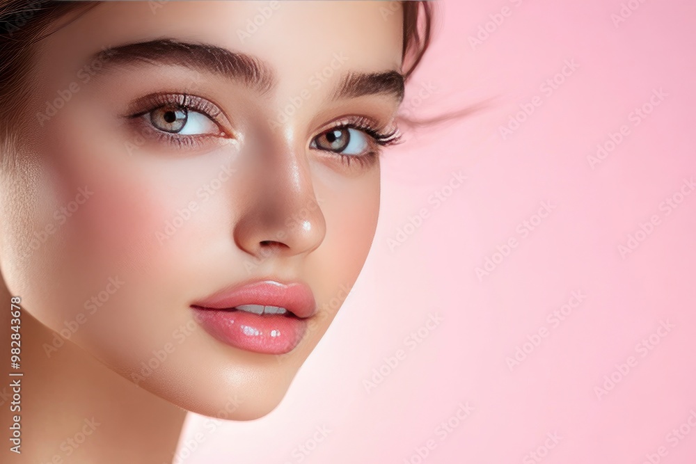 Close-up photo of a beautiful young woman's face with fresh and smooth skin and pink lips with a light background _ smooth skin with skin and body care , ai Close-up photo of a beautiful young woman's face with fresh and smooth skin and pink lips with a light background _ smooth skin with skin and body care , ai