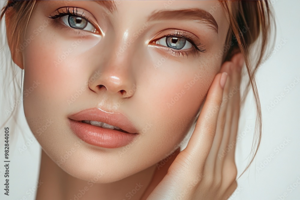 Close-up photo of a beautiful young woman's face with fresh and smooth skin and pink lips with a light background _ smooth skin with skin and body care , ai Close-up photo of a beautiful young woman's face with fresh and smooth skin and pink lips with a light background _ smooth skin with skin and body care , ai