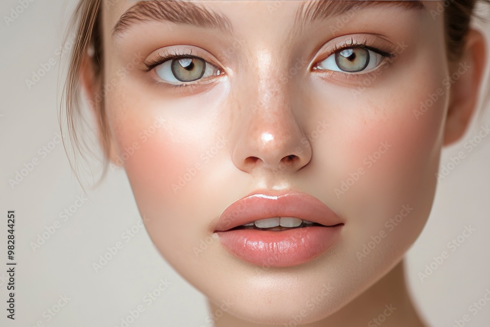 Close-up photo of a beautiful young woman's face with fresh and smooth skin and pink lips with a light background _ smooth skin with skin and body care , ai Close-up photo of a beautiful young woman's face with fresh and smooth skin and pink lips with a light background _ smooth skin with skin and body care , ai