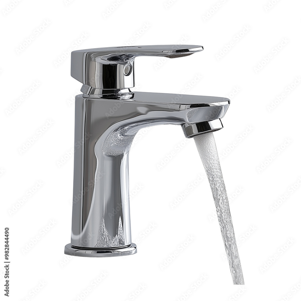 Sleek Modern Faucet with Sharp Design and Water Flow, Transparent Background Sleek Modern Faucet with Sharp Design and Water Flow, Transparent Background
