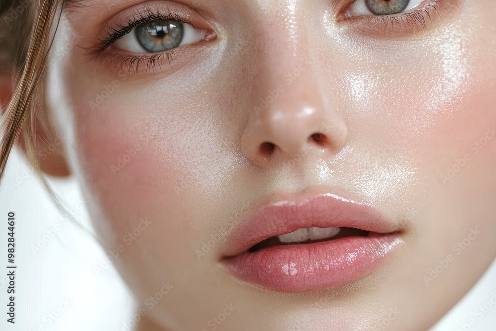 Naklejka premium Close-up photo of a beautiful young woman's face with fresh and smooth skin and pink lips with a light background _ smooth skin with skin and body care , ai