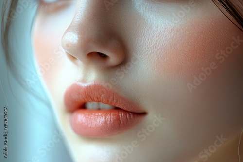 Close-up photo of a beautiful young woman's face with fresh and smooth skin and pink lips with a light background _ smooth skin with skin and body care , ai