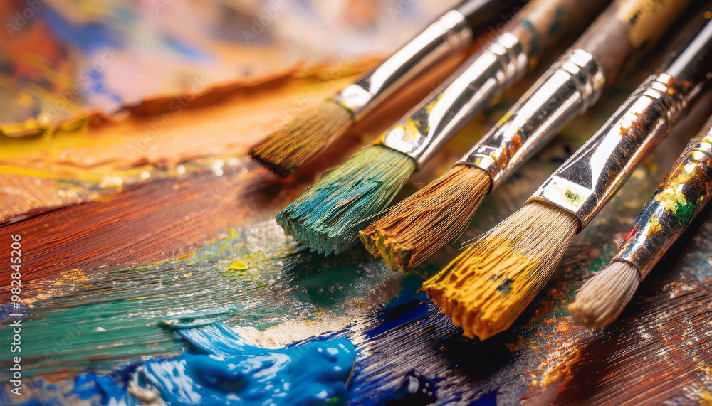 Obraz premium Well-used paint brushes with traces of colorful paint. Wet paint. Hobby and leisure concept.