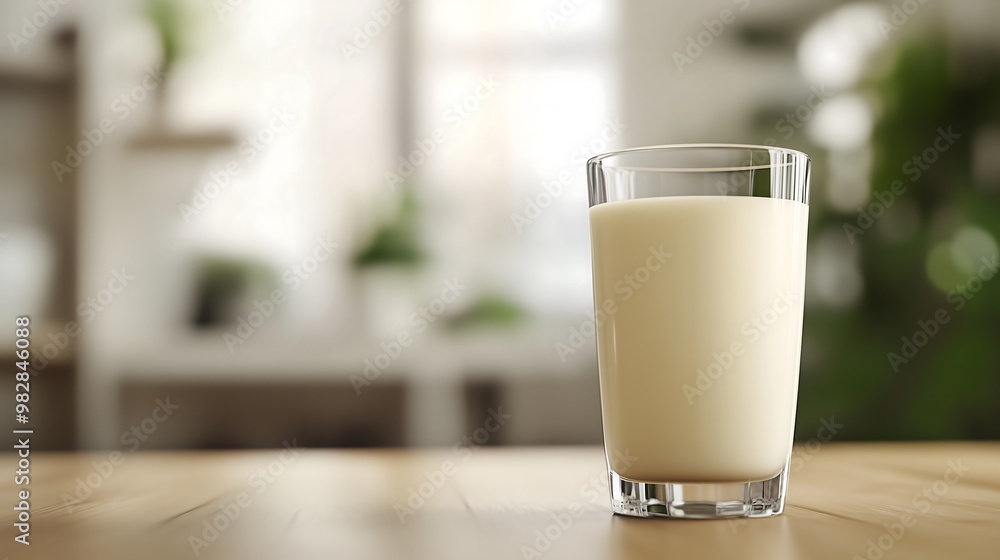 A glass of milk placed on a dining table, with the smooth, white liquid contrasting against the clear glass. The table is simple, with subtle details visible in the background. A glass of milk placed on a dining table, with the smooth, white liquid contrasting against the clear glass. The table is simple, with subtle details visible in the background.
