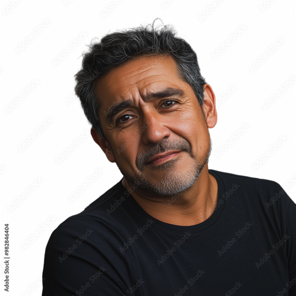 Fototapeta premium Thoughtful middle-aged man looking serious, wearing a black shirt, isolated against a transparent background