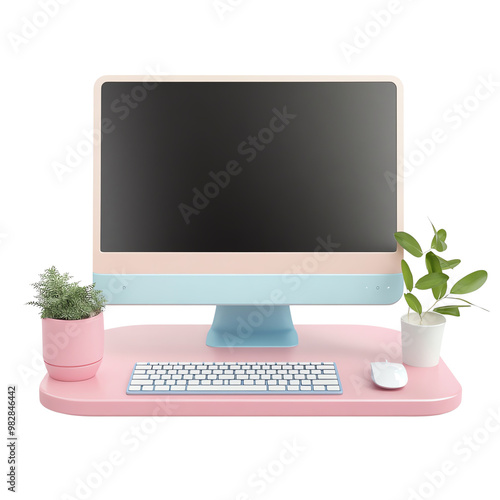 Colorful desktop setup with computer, keyboard, and potted plants on pink mat. photo