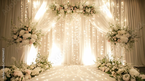 A luxurious wedding stage adorned with soft drapery, white floral arrangements, and glowing fairy lights, creating a romantic and elegant atmosphere.