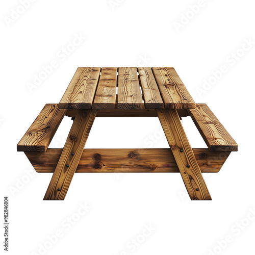 Wooden Picnic Table with Attached Benches, Transparent Background