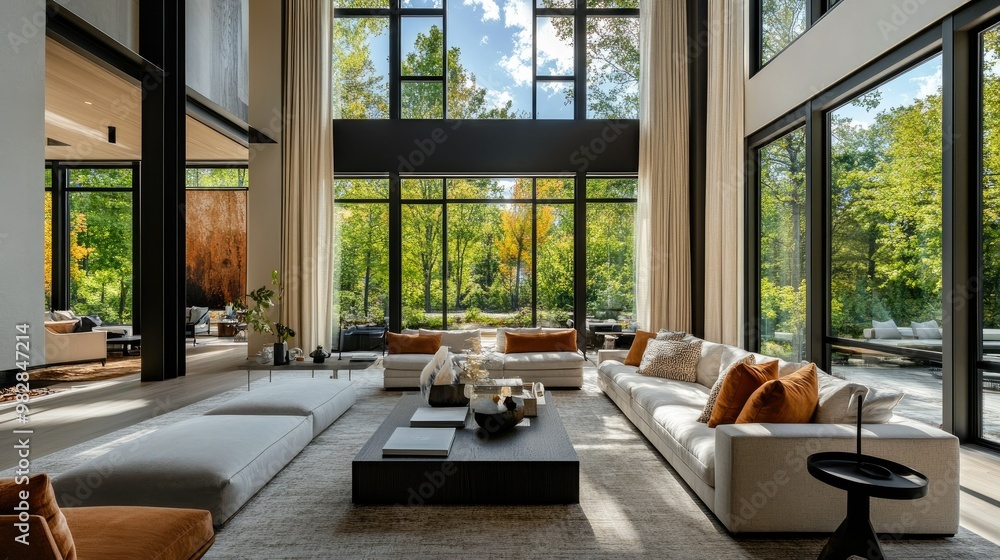 Fototapeta premium Contemporary living room with large windows, decorative accents, and space for copy or branding
