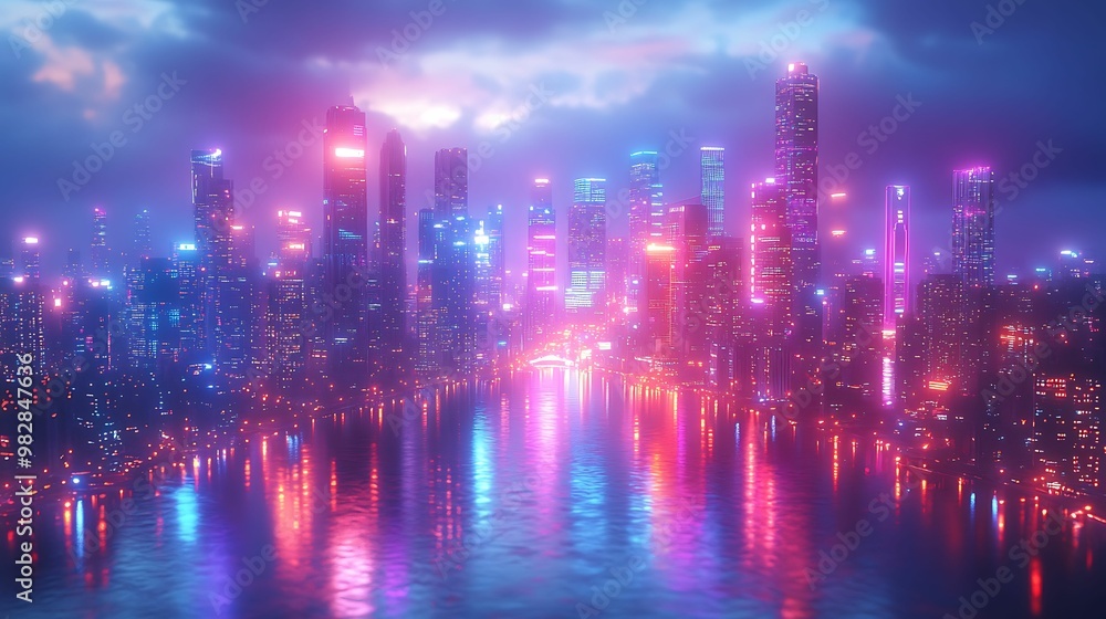 A vibrant futuristic city skyline illuminated with neon pink, blue, and purple lights, reflecting on the water under a cloudy sky at night. A vibrant futuristic city skyline illuminated with neon pink, blue, and purple lights, reflecting on the water under a cloudy sky at night.