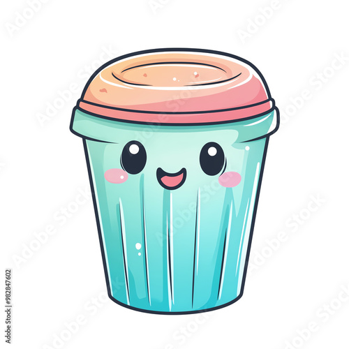 Cute cartoon smiling trash bin with a colorful lid, isolated on white.