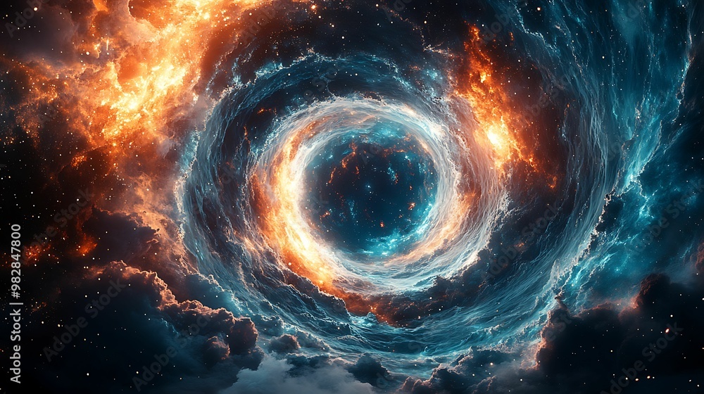 A breathtaking cosmic scene featuring a swirling vortex of clouds and stars, illuminated by fiery orange and blue light in the depths of space. A breathtaking cosmic scene featuring a swirling vortex of clouds and stars, illuminated by fiery orange and blue light in the depths of space.